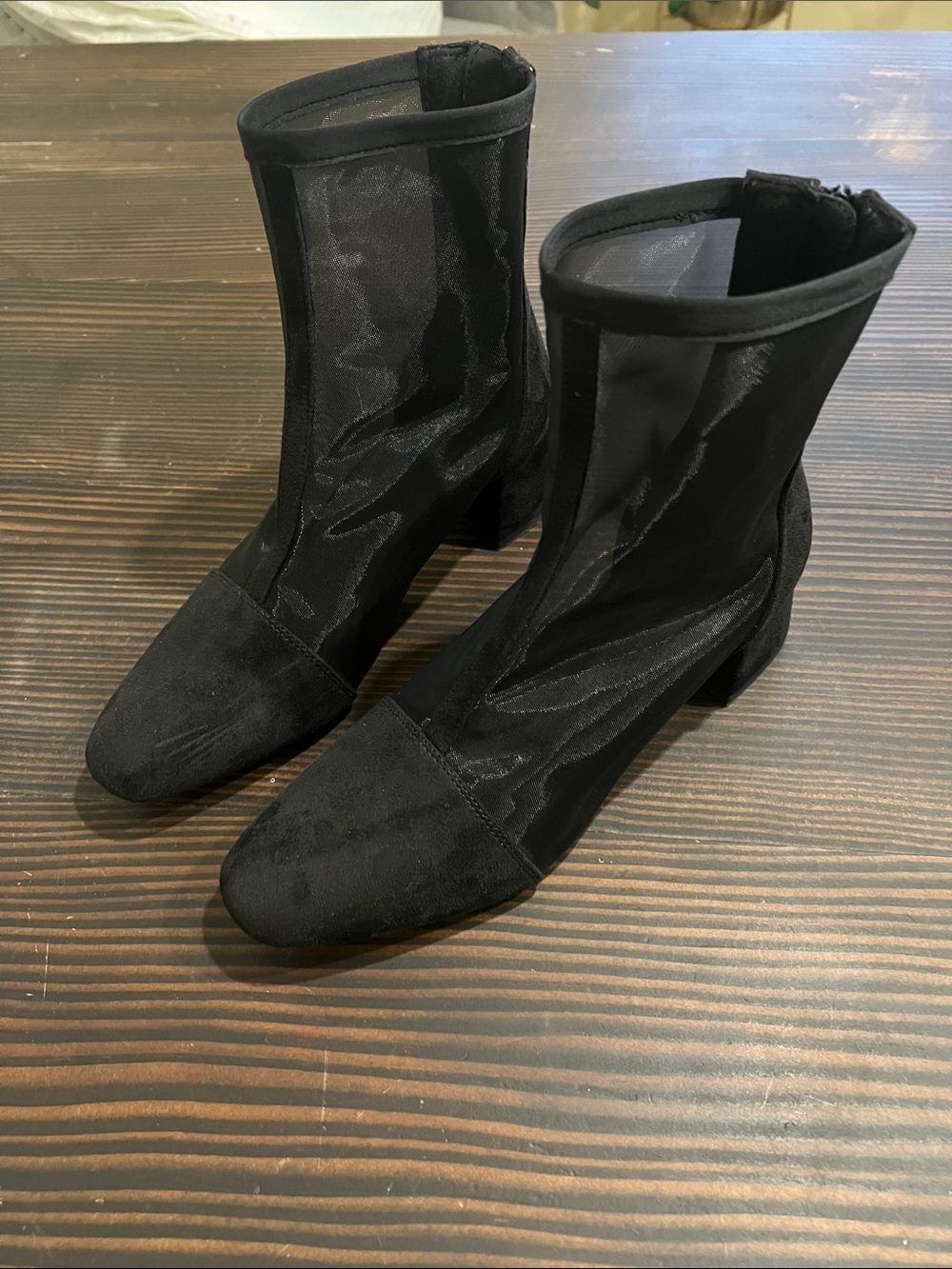 Black Mesh & Suede Block Heel Ankle Boots - Women